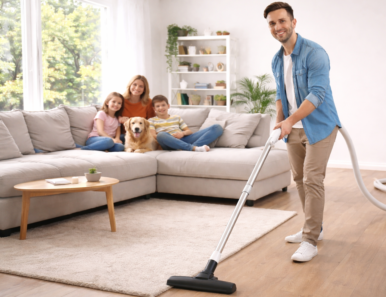 Reinigung im Wohnzimmer mit einem Zentralstaubsauger